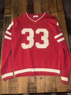 Women’s Red V-Neck Knit Sweater with White Number 33